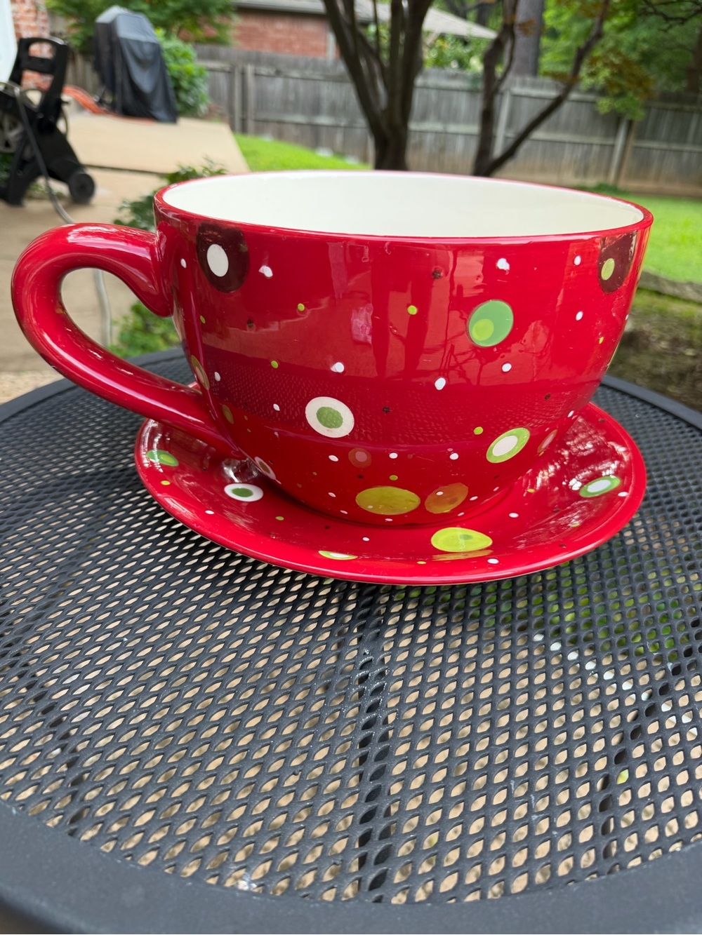 NWT Oversized Bright Red Polka Dot Tea Cup & Saucer Planter